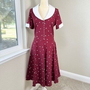 Gown Town Swing Dress Women XL Burgundy White Polka Dot Fit Flare Retro Chic 50s